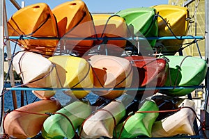 Colourful sea kayaks on Wellington sea front, New Zealand