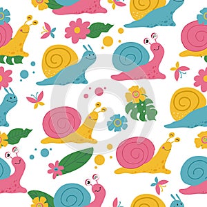 Colourful seamless pattern with cute snails, leaves and butterflies. Funny vector design for clothes.