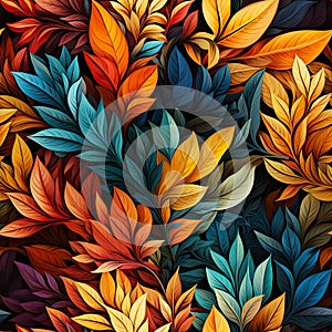 Colourful seamless pattern with leaves of different colors and sizes. AI