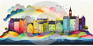 Colourful seaside houses homes watercolour