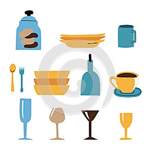 Colourful set of dining cutlery and dishes isolated on white background. Cartoon flat minimal style.
