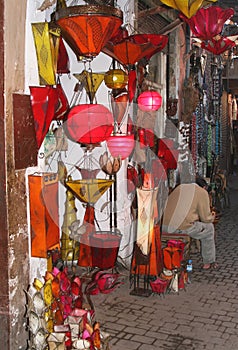 Shop in the Souk sells fairytale shaded lamps, Marrakech, Marocco
