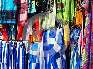 Colourful Shawls and Greek Flags, Plaka, Athens, Greece