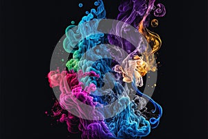 Colourful smoke trails floating on black background, created using generative ai technology