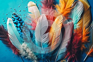 Colourful softy feathers on blue pastel background. AI generated.