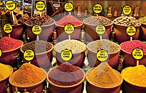 Colourful spices with labels