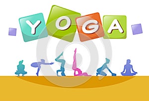 Colourful sports people silhouette, group of diversity yoga poses woman, successful team relationships concept A4