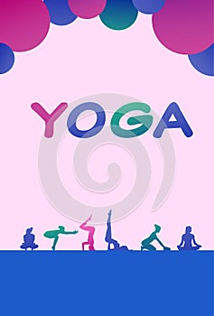 Colourful sports people silhouette, group of diversity yoga poses woman, successful team relationships concept vertical