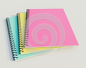 Colourful stacked spiral binder notebooks. Blank notebooks. Side view. 3D rendering illustration.