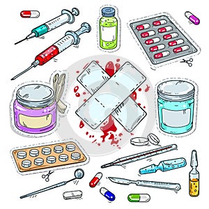 Colourful sticker of medical drugs, tablets, syringes and plaster