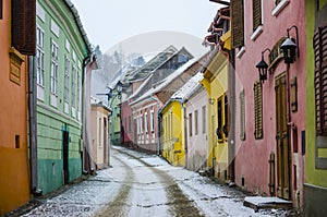 Colourful street in Sighisoara, Romania