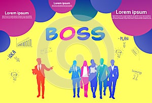 Colourful success business people silhouette, group of diversity businessman with boss leader,bubbles yellow background