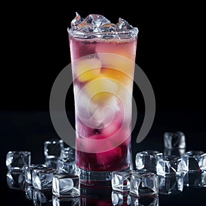 Colourful summer cocktails with fruit and straws, isolated on black background.