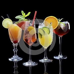 Colourful summer cocktails with fruit and straws, isolated on black background.