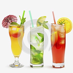 Colourful summer cocktails with fruit and straws, isolated on white background.