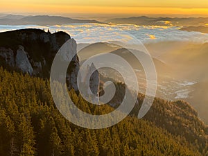 The colourful sunrise on Ceahlau Mountains