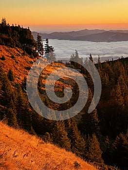 The colourful sunrise on Ceahlau Mountains