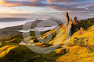 Colourful sunrise at Scotlands most iconic viewpoint; The Old Man of Storr on the Isle of Skye.