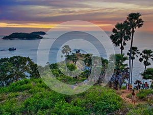 Colourful sunset over Phuket Beach at Promthep Cape Phuket Thailand