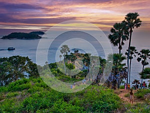 Colourful sunset over Phuket Beach at Promthep Cape Phuket Thailand