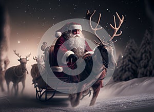 Colourful Surreal Santa Claus driving sleigh with reindeer surounded by colourful presents for lucky childrenGenerative AI