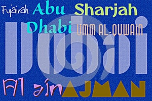 Colourful texture background of names of cities in the uae