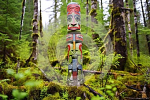 a colourful totem pole standing in a green pine forest