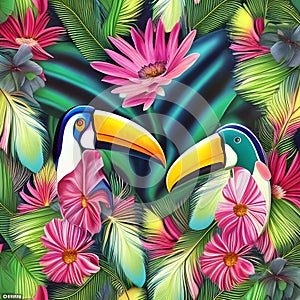Colourful toucans over tropical background