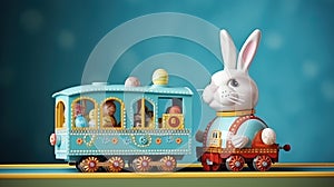 Colourful toy train with bunny and easter eggs before blue background