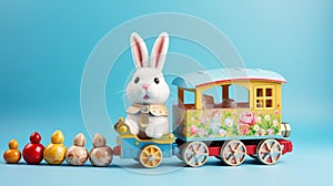 Colourful toy train with bunny and easter eggs before blue background