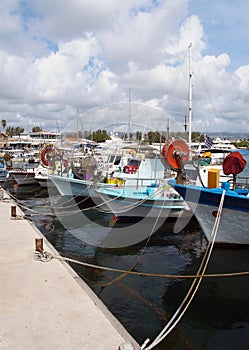 Colourful traditional fishing boats moored in the harbour in paphos cyprus