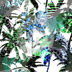 Colourful trendy seamless exotic pattern with palm and animal prints. Modern abstract design for paper, wallpaper, cover