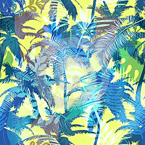 Colourful trendy seamless exotic pattern with palm and tropical plants. Modern abstract design for paper, wallpaper