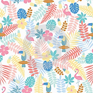 COLOURFUL TROPICAL CLIMATE BORDS AND LEAF SEAMLESS PATTERN