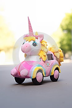 Colourful Unicorn Car Plush Toy on a Road