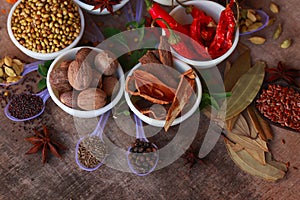 Colourful various herbs and spices for cooking,Cumin, black pepper, cloves, cardamom, fennel, bay leaf,Garam masala, Mace, Javitri