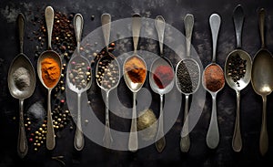 Colourful various herbs and spices for cooking on dark background. generative AI