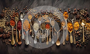 Colourful various herbs and spices for cooking on dark background. generative AI