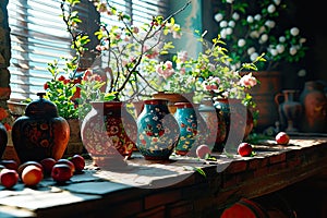 Colourful vases in folk designs standing on a sunny windowsill.