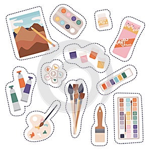 Colourful vector set with art tools and supplies for an artist. Paint brush, pencil, tubes, paints, palette.  Concept of