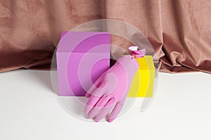 Colourful velvet pink plastic glove cube