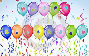 Colourful and vibrant Happy Birthday Balloons banner with colourful text