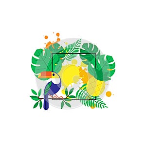Colourful and vibrant tropical border design with flowers, palm leaves and birds. Vector illustration. Copy space