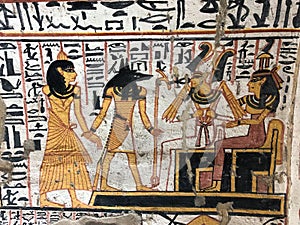 Colourful wall drawings in workers tombs in Luxor in Egypt