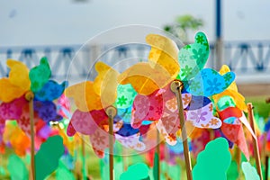 Colourful of windmill toy in the garden.Thailand.