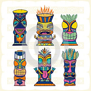 Colourful Wood Polynesian Tiki idols, gods statue carving. Vector illustration