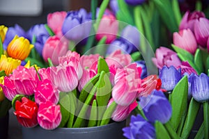 Colourful wooden tulips in amsterdam flower market