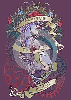 Colourfull and intricate drawing of hte legendary Unicorn on a decorative flames and plants ornament with a motivation