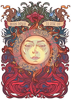Colourfull and intricate drawing of a sun with a human face on a decorative flames and plants ornament with a motivation