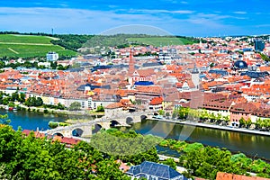 Colourfull panoramic cityscape central part of Wurzburg city. Top view from the Marienberg Fortress Festung Marienberg. Germany